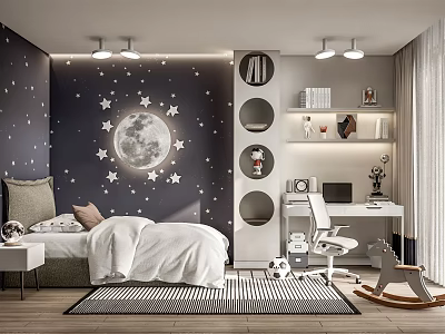 Kids Room Interior With Moon Stars Wall Decor Bed Desk Circular Shelves And Rocking Horse 3d model