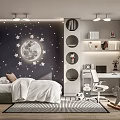 Kids Room Interior With Moon Stars Wall Decor Bed Desk Circular Shelves And Rocking Horse