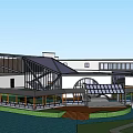 Modern Sales Office Building Geometric Roof Design With Waterfront Lawn And Wooden Deck
