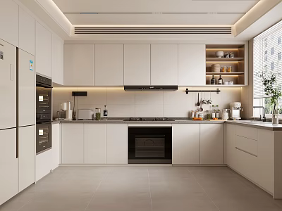 Modern White Kitchen Interior With Sleek Cabinets Appliances And Natural Light 3d model