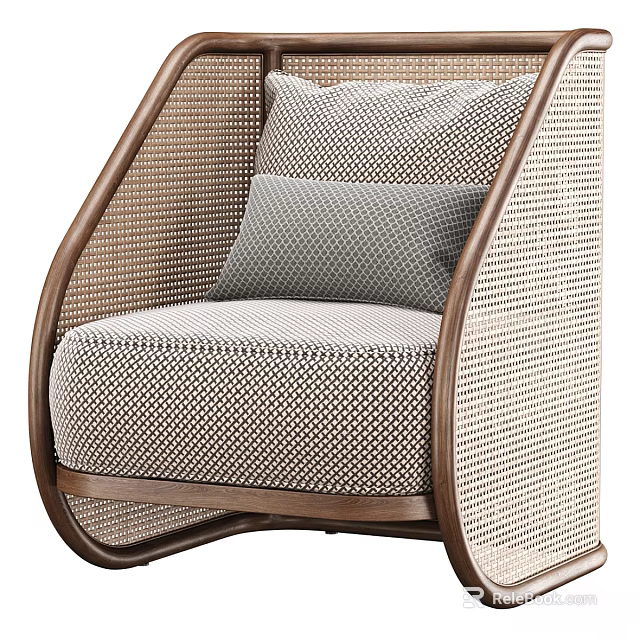 Comfortable Leisure Chair with Wooden Frame Woven Sides and Gray Cushions for Modern Living 3d model 