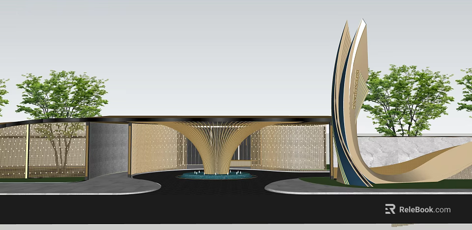Modern Entrance Gate With Sculptural Curved Structure Central Water Fountain And Landscaped Greenery 3d model 