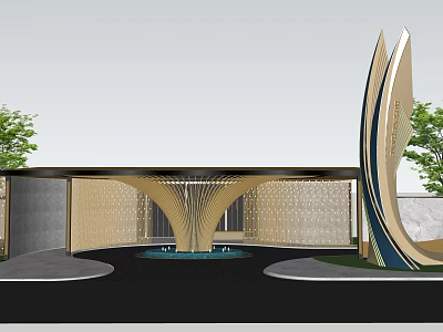 Modern Entrance Gate With Sculptural Curved Structure Central Water Fountain And Landscaped Greenery 3d model