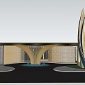 Modern Entrance Gate With Sculptural Curved Structure Central Water Fountain And Landscaped Greenery