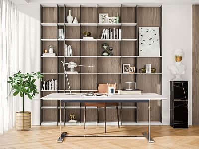 Modern Desk and Chair Simple Bookcase Sculpture Decoration Potted Plant Curtain 3d model