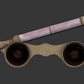 Military Binoculars With Metal Frame And Brass Accents On Black Reflective Surface