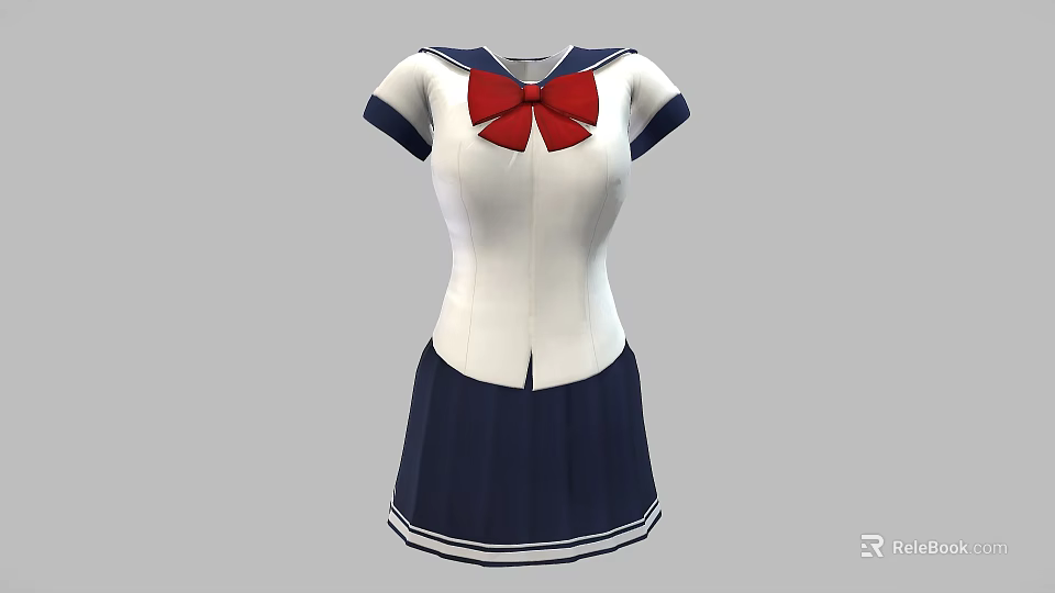 Sailor Uniform With White Top Short Sleeves Navy Blue Skirt And Red Bow 3d model 
