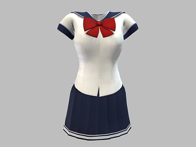 Sailor Uniform With White Top Short Sleeves Navy Blue Skirt And Red Bow 3d model