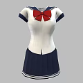 Sailor Uniform With White Top Short Sleeves Navy Blue Skirt And Red Bow