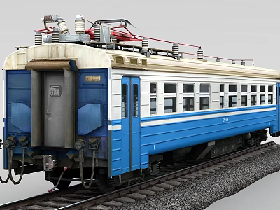 Blue and white train carriage on railway track with roof electrical equipment 3d model