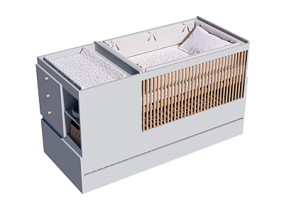 Modern Baby Crib With White Frame Storage Drawers And Wooden Slats 3d model