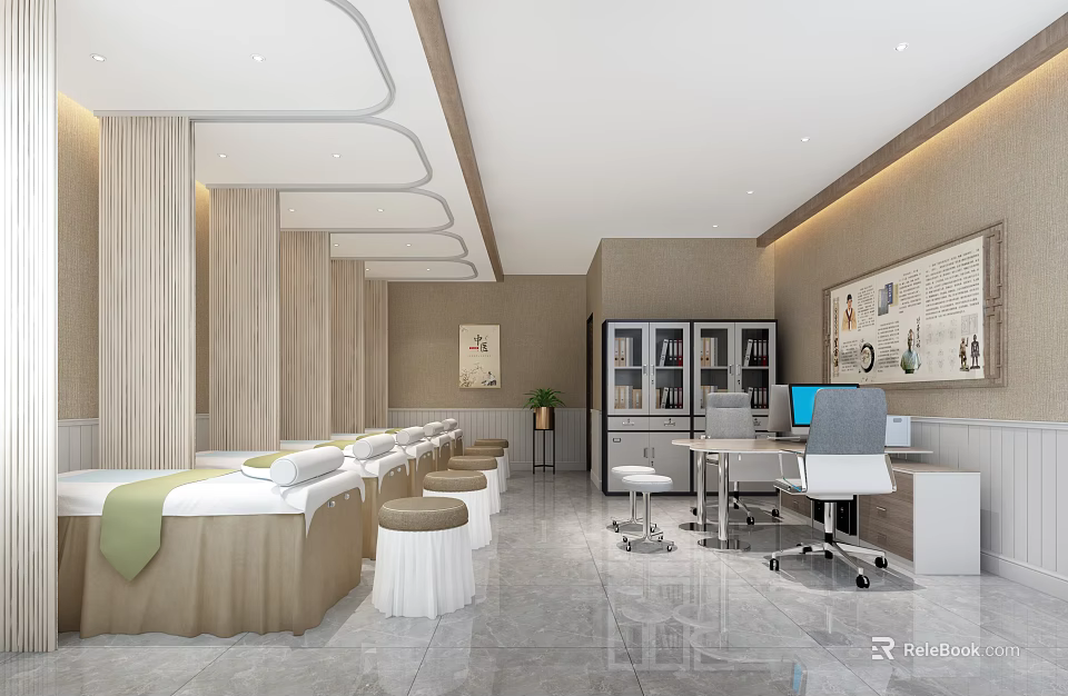 Modern Hospital Outpatient Clinic Interior With Examination Beds Stools And Cabinets 3d model 