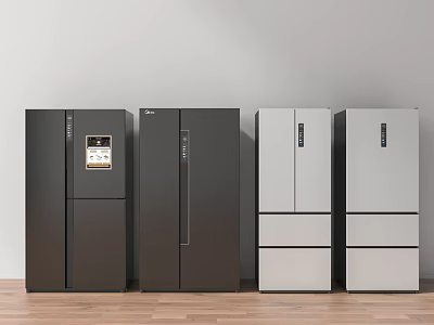 Multiple Modern Refrigerators in Dark and Light Colors Different Designs Kitchen Appliances 3d model