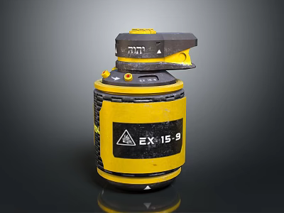 Yellow Tactical Cylindrical Weapon with EX159 Label and Warning Triangle Sign 3d model