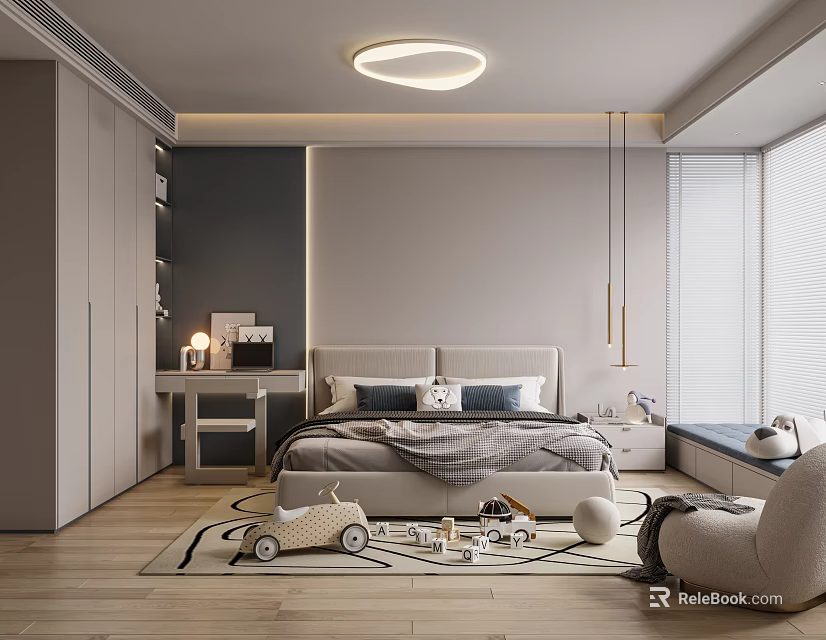 Modern Kids Room Interior Design With Bed Toys Bookshelf Round Ceiling Light And Soft Rug 3d model 