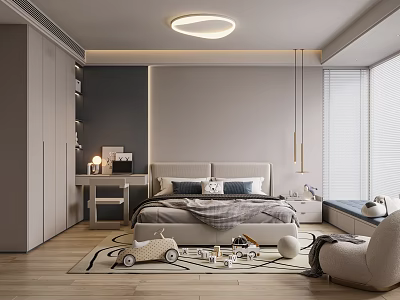 Modern Kids Room Interior Design With Bed Toys Bookshelf Round Ceiling Light And Soft Rug 3d model