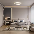 Modern Kids Room Interior Design With Bed Toys Bookshelf Round Ceiling Light And Soft Rug