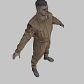 Man in Brown Jumpsuit Standing with Arms Outstretched on Gray Background