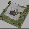 Modern White House With Flat Roof Wooden Terrace Blue Lounge Chairs And Greenery