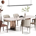 Modern Rectangular Dining Table Set with Marble Top Metal Legs and Brown Light Gray Chairs 3d model