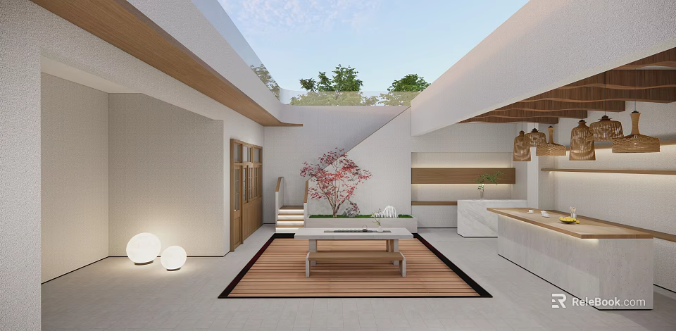 Modern Courtyard Garden Landscape With Red Flower Tree Stone Table And Wooden Floor 3d model 
