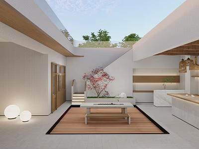 Modern Courtyard Garden Landscape With Red Flower Tree Stone Table And Wooden Floor 3d model