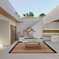 Modern Courtyard Garden Landscape With Red Flower Tree Stone Table And Wooden Floor