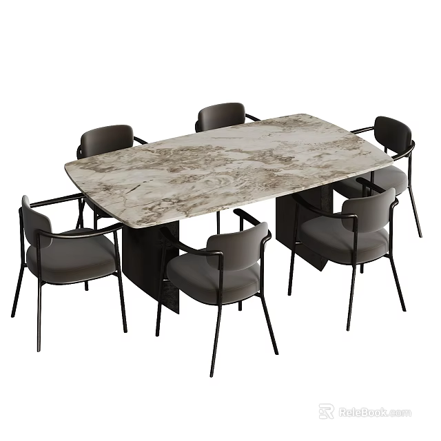 Rectangular Marble Top Dining Table Set with Gray Upholstered Chairs and Black Metal Legs 3d model 