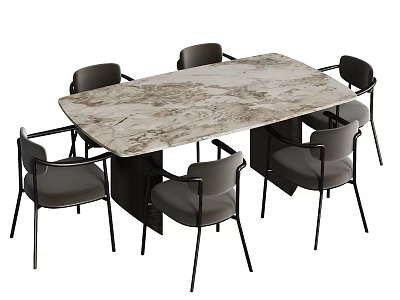 Rectangular Marble Top Dining Table Set with Gray Upholstered Chairs and Black Metal Legs 3d model
