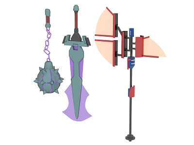 Creative Weapon Collection Featuring Sword Chain Mace Axe And Decorative Metal Structures 3d model