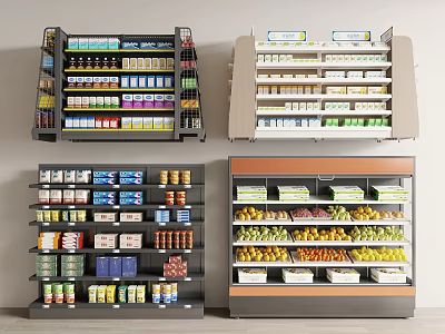 Multi Tiered Retail Display Shelves Showcasing Assorted Products in Store Layout 3d model