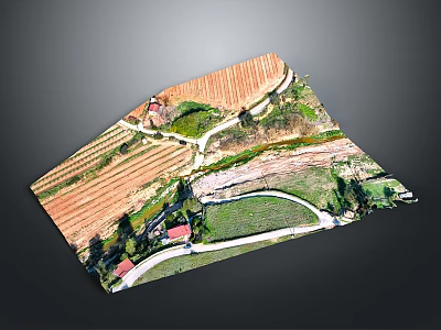 3D Terrain Model Featuring Farm Fields Winding Paths Houses And Trees 3d model