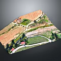 3D Terrain Model Featuring Farm Fields Winding Paths Houses And Trees