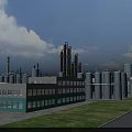 Modern Industrial Factory Exterior With Large Storage Tanks Tall Chimneys Green Lawn And Road