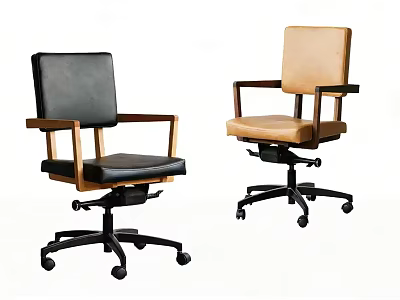 Black Leather And Beige Fabric Office Chair With Wooden Armrests Swivel Base And Wheels 3d model