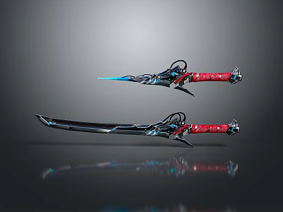 Dual Weapons With Long And Short Blades Red Handles Blue Decorative Accents Metallic Finish 3d model