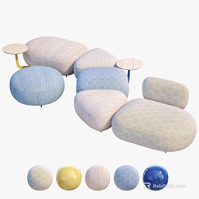 Multiple Modern Upholstered Sofa Stools In Soft Pastel Tones And Rounded Shapes 3d model