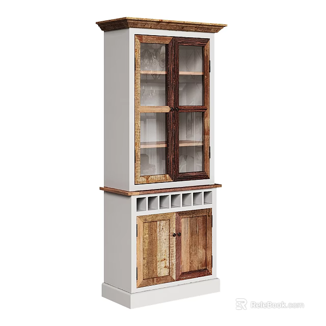 Stylish Decorative Cabinet With Glass Doors And White Wooden Lower Cabinets Rustic Frame 3d model 