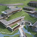 Hotel Building Surrounded By Green Hills And Waterfront Scenic Landscape With Curved Roads
