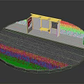 Modern Bus Stop Shelter Structure with Glass Walls Grass Area and Pavement Trash Can