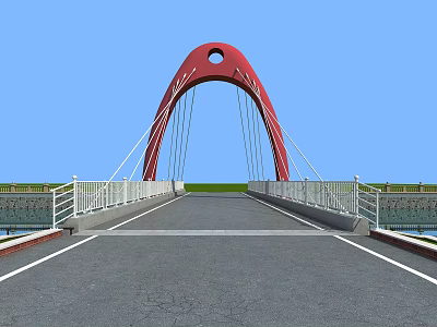 Red Arch Bridge With Circular Opening White Railings Road Surface And Blue Sky View 3d model