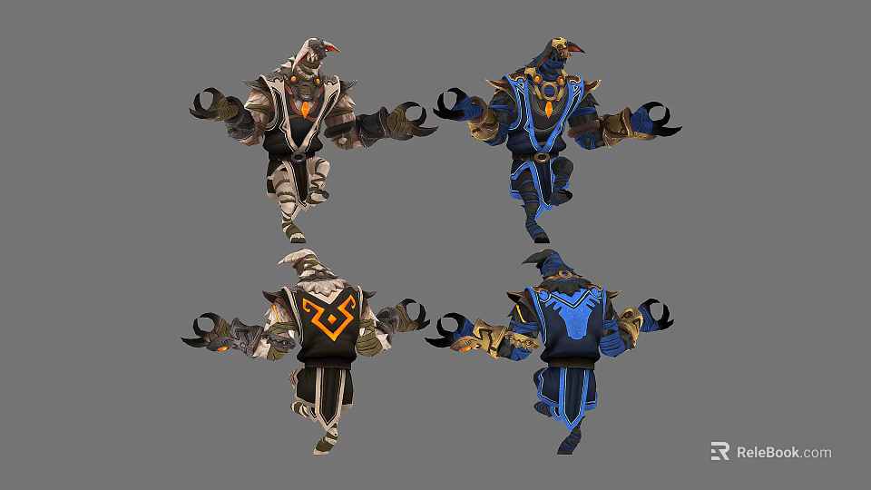 Four Armored Fantasy Characters Featuring Silver Blue Black And Gold Detailed Armor Designs 3d model 