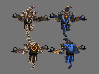 Four Armored Fantasy Characters Featuring Silver Blue Black And Gold Detailed Armor Designs 3d model