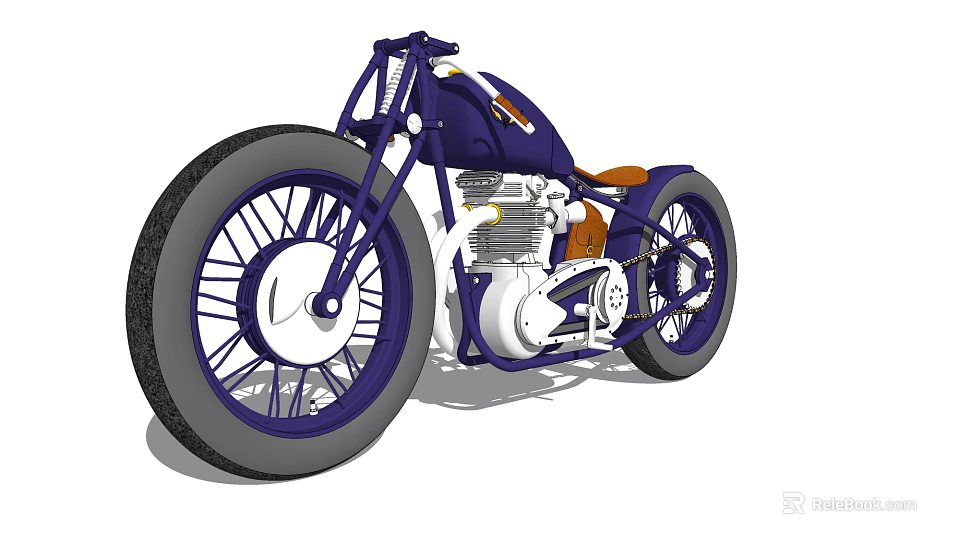 Classic Blue Motorcycle Style With White Accents Brown Seat Engine Details And Spoked Wheels 3d model 