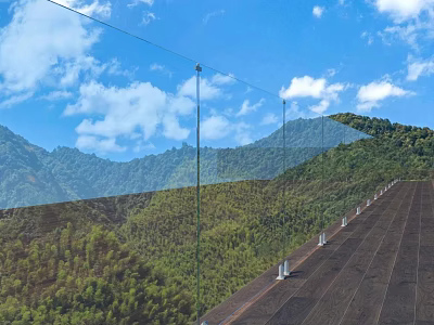 Outdoor Glass Railing With Wooden Deck Overlooking Mountain And Blue Sky 3d model