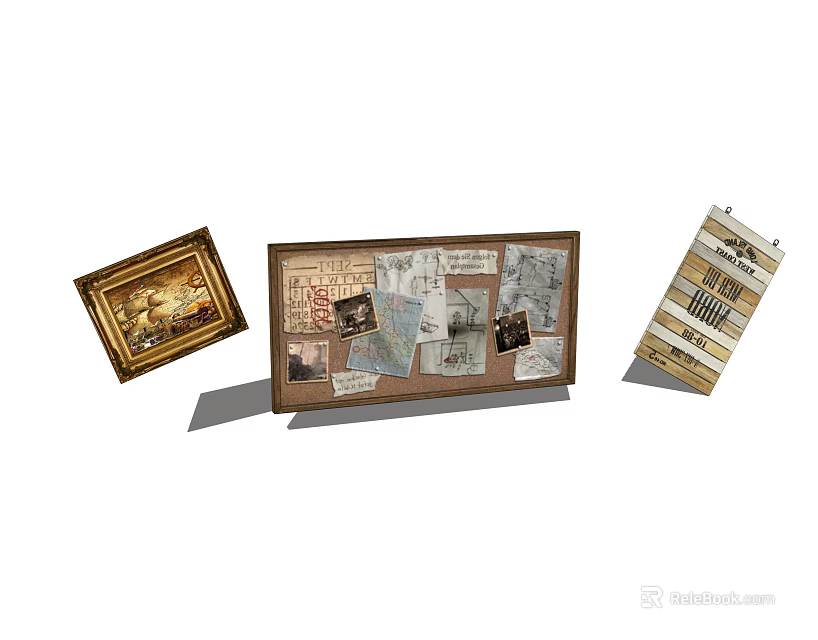 Vintage Picture Frames With Artwork Photos Cork Memo Board And Decorative Notes 3d model 