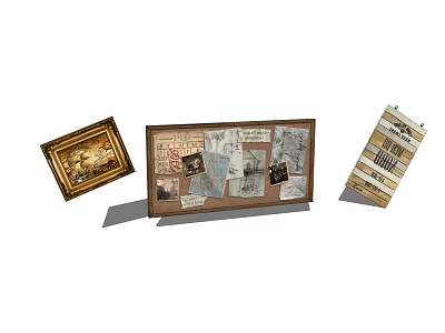 Vintage Picture Frames With Artwork Photos Cork Memo Board And Decorative Notes 3d model