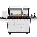 Stainless Steel Outdoor Grill Station With Burgers Sausages Wine Bottle And Storage Drawers
