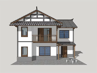 Traditional Chinese Style Two Story Detached Villa With Sloped Tile Roof And Wooden Balcony 3d model