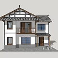 Traditional Chinese Style Two Story Detached Villa With Sloped Tile Roof And Wooden Balcony
